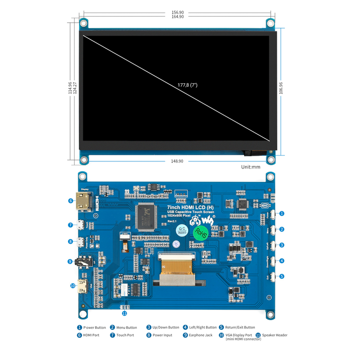 Pantalla Touch para Raspberry Pi 7" HDMI 1024x600 - 330ohms