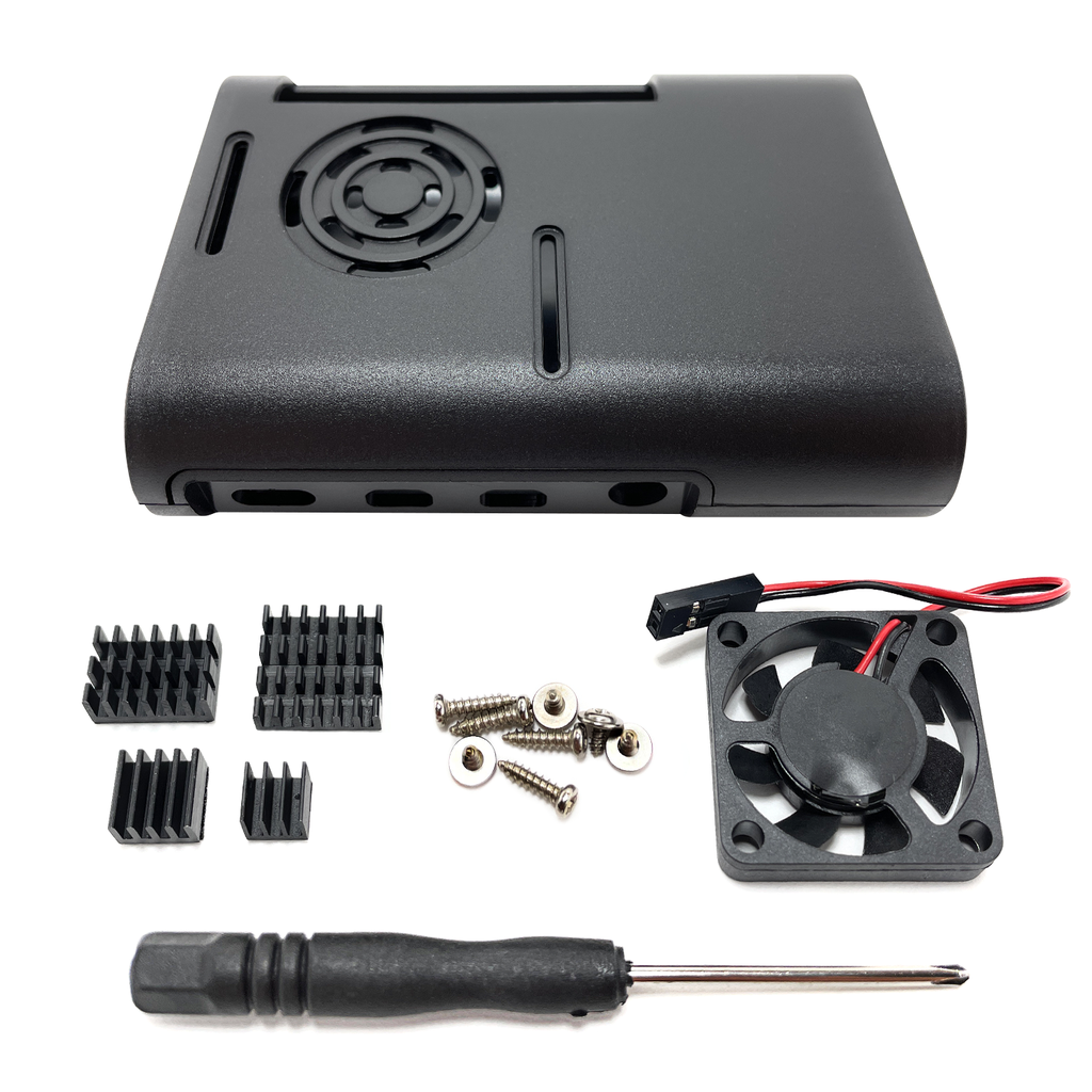 [IC-00073] Carcasa de plástico negra para Pi 4 (con ventilador, disipadores y desarmador) 